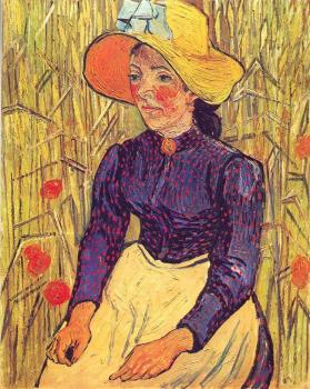 Vincent Van Gogh : Young Peasant Woman with Straw Hat Sitting in the Wheat